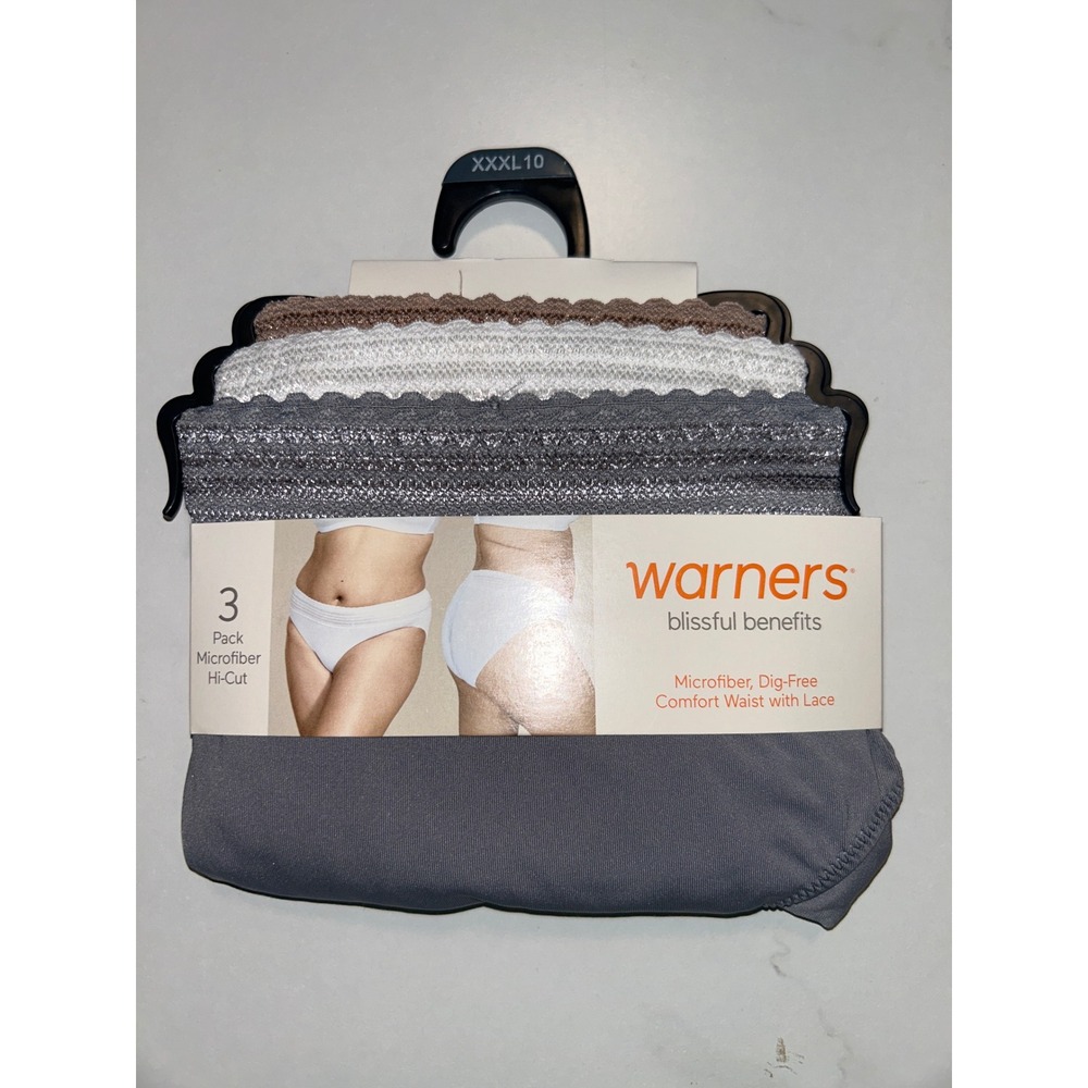 Warners Blissful Benefits 3 Pack Microfiber Hi-Cut Panties 3XL Gray White Brown‎